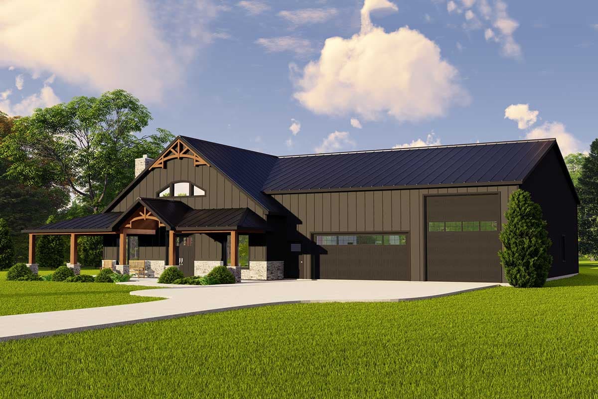House plan exterior. Two-story Modern Farmhouse with a covered porch, gabled roof, and attached garage. Includes a metal roof and stone accents.