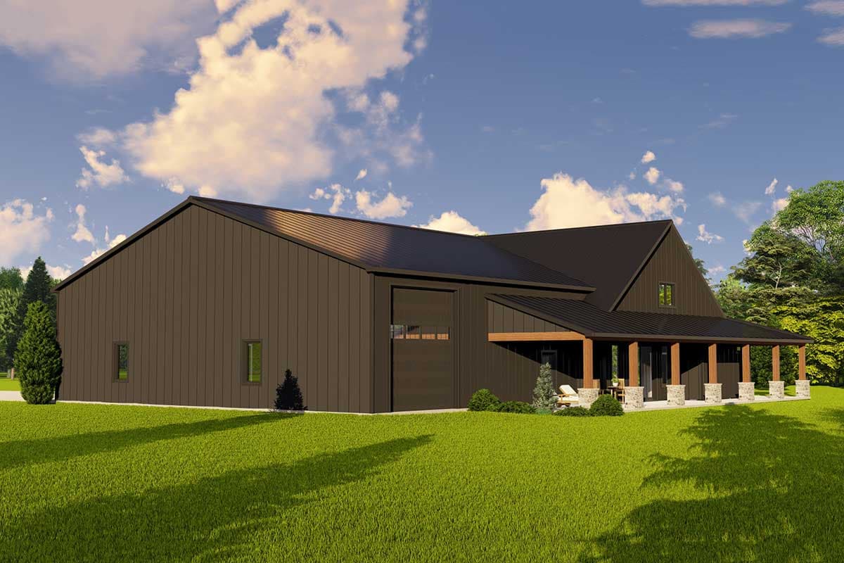 House plan exterior featuring a dark metal vertical siding, prominent gables, a wide covered porch with stone column bases, and a large garage door.