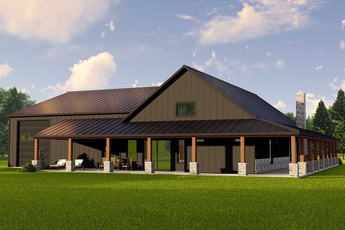 House plan exterior with modern farmhouse style, gabled roof, expansive covered porch with wood posts, and stone chimney.