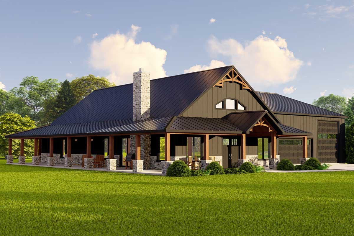 Plan 135165GRA: Farmhouse-Inspired Barndominium with Wraparound Porch and 4-Car Garage - 2693 Sq Ft - Image #4 - Barndominium, Country, Rustic, Vacation