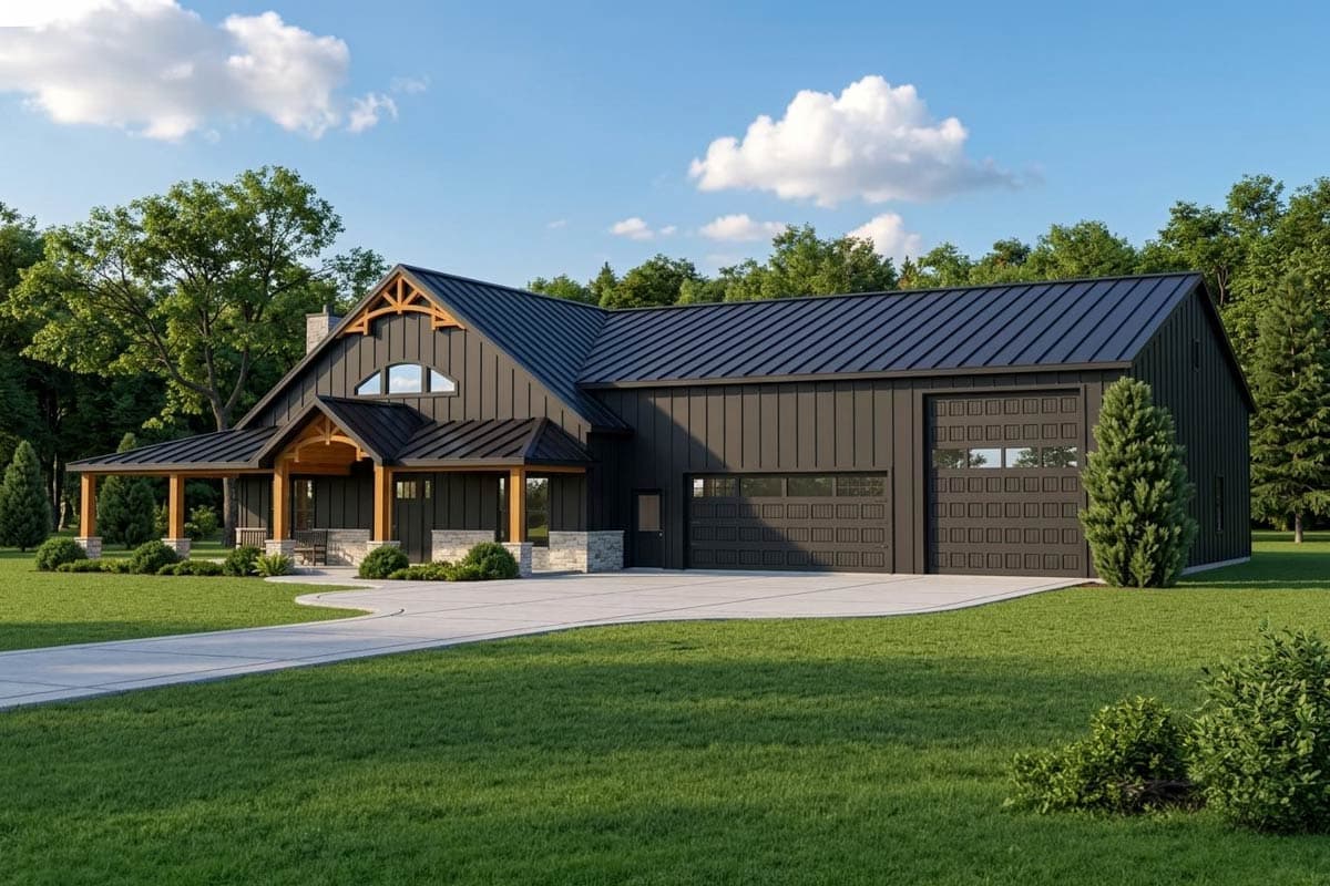 House plan exterior. Two-story Modern Farmhouse with a covered porch, gabled roof, and attached garage. Includes a metal roof and stone accents.