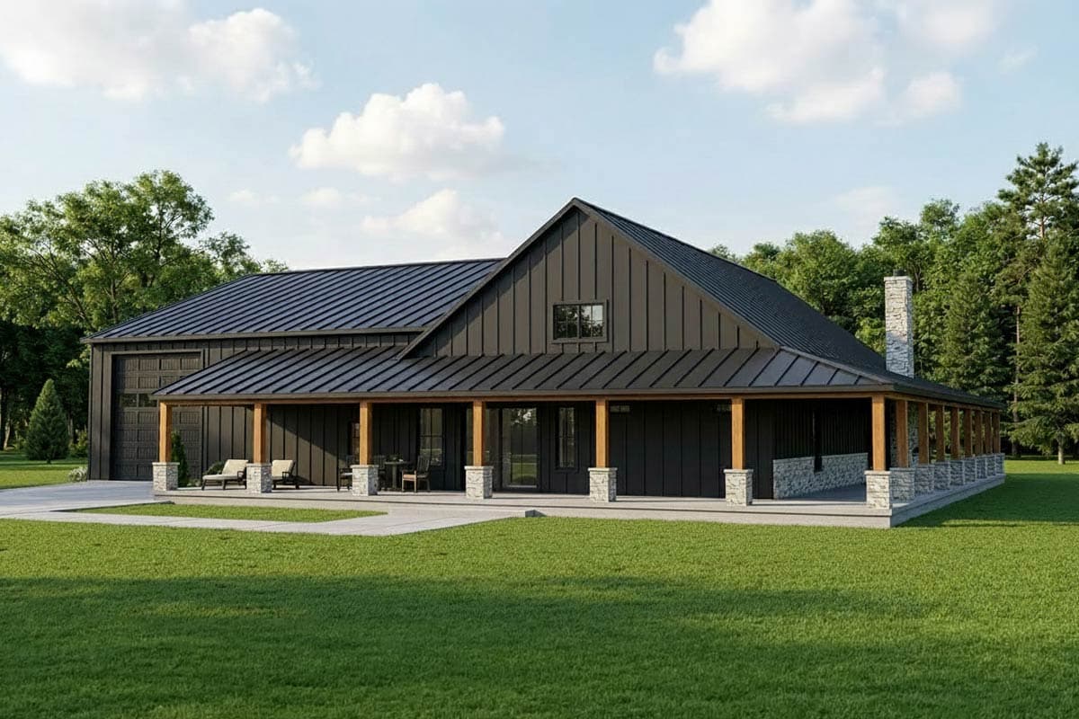 House plan exterior with modern farmhouse style, gabled roof, expansive covered porch with wood posts, and stone chimney.