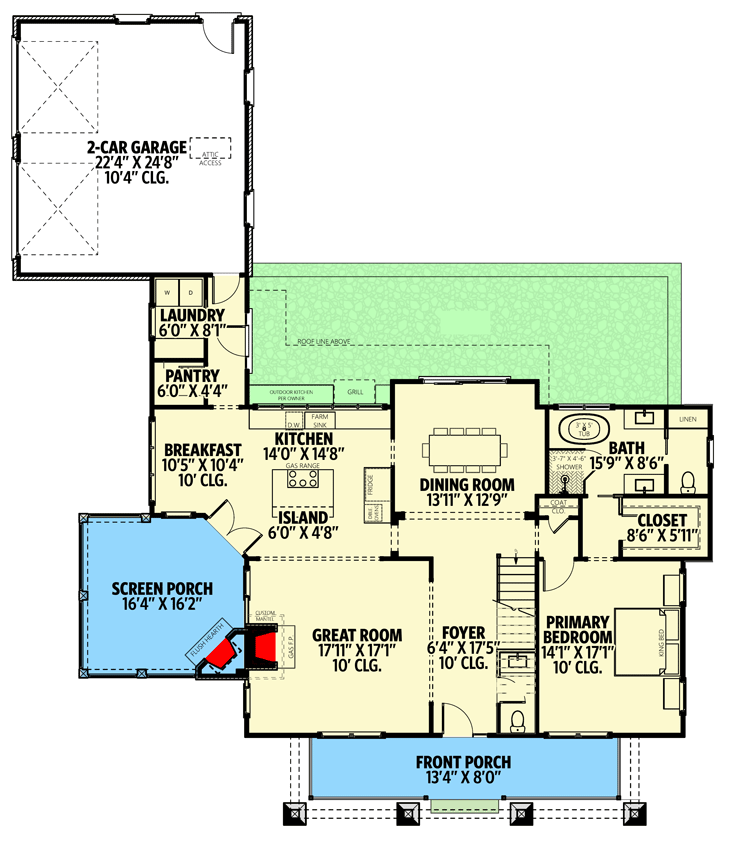Plan 865018SHW: 2-Story New American Home Plan with Screened Porch and First Floor Master Bedroom - Floor Plan - Main Level - Cottage, Country, Craftsman, Modern Farmhouse, New American, Rustic