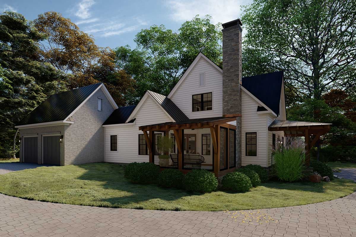 Modern Farmhouse house plan exterior with white siding, stone chimney, gable roof, attached two-car garage, and covered porch.