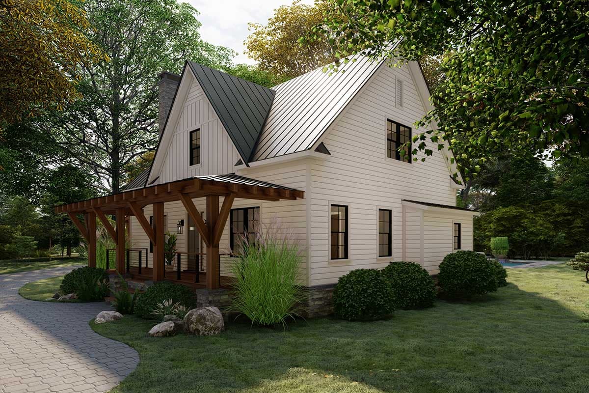 Modern Farmhouse house plan exterior with white board and batten siding, metal gable roof, and a covered wooden porch with stone foundation.