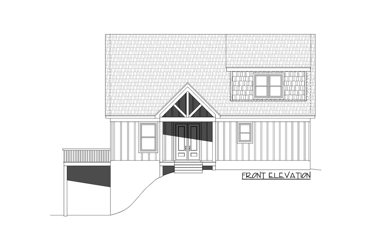 Front elevation drawing of a house plan with vertical siding, a gabled entry, double doors, and a dormer.