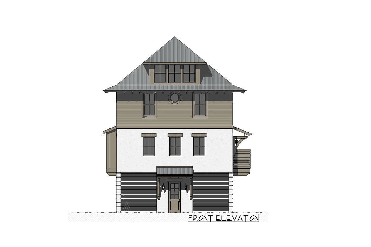 Front elevation drawing of a three-story house with a standing seam metal roof, horizontal siding, and a stucco base.