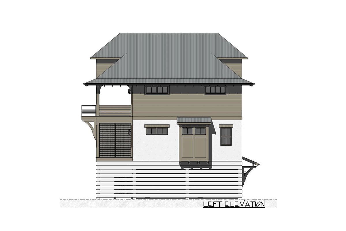 House plan left elevation showing a two-story structure with a balcony, horizontal siding, and a hip roof.
