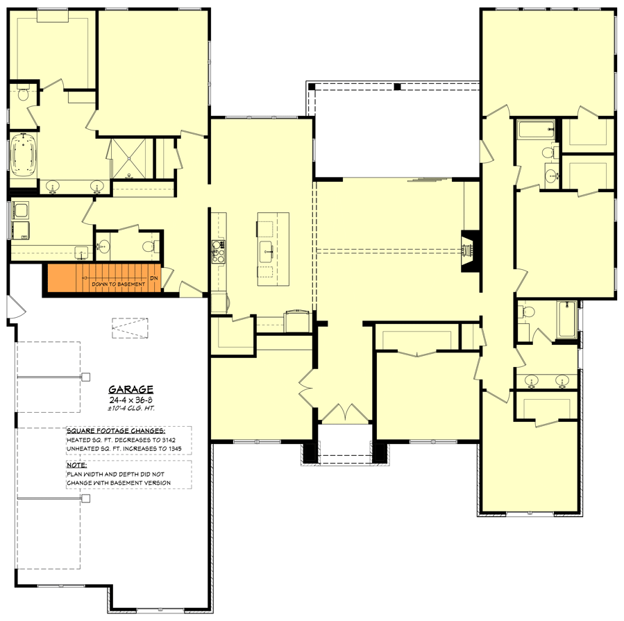 Plan 51904HZ: Transitional Open Concept Home Plan with Home Office and Game Room or Fifth Bedroom - 3152 Sq Ft - Floor Plan - Basement Stair Location - Acadian, French Country, Louisiana-Style, Southern, Transitional