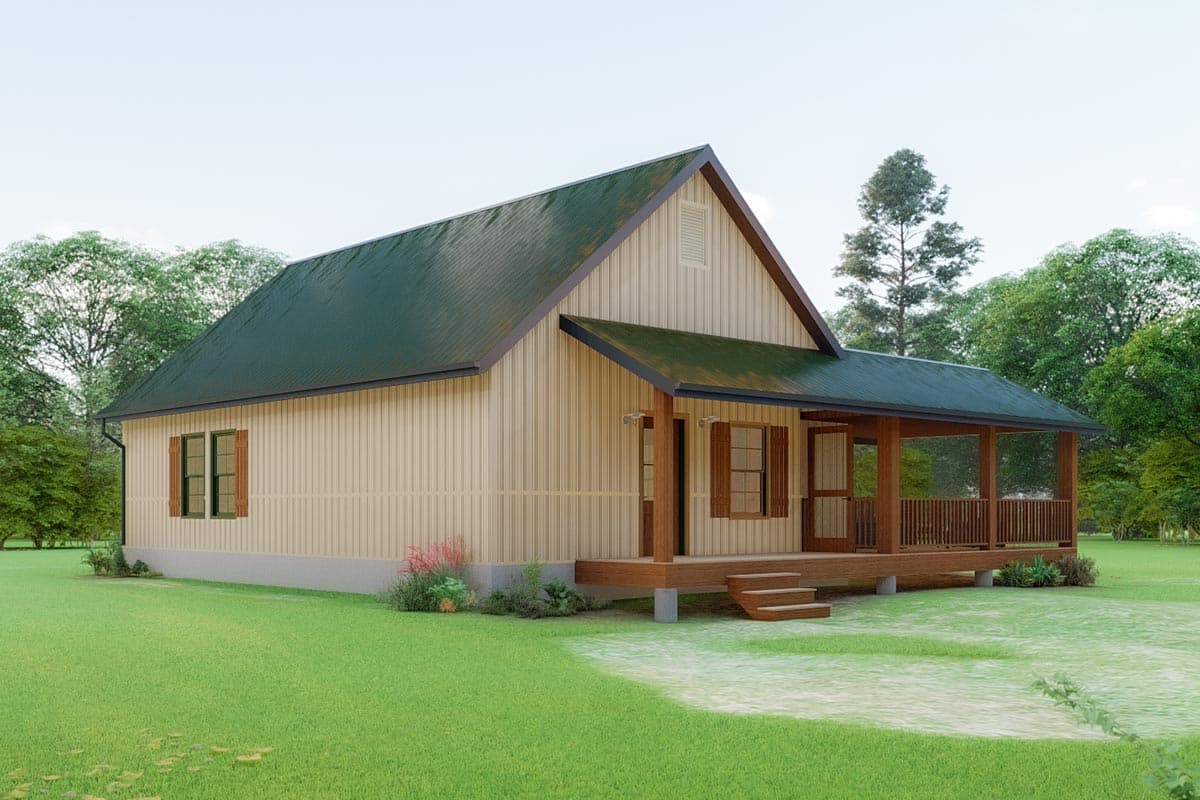 House plan exterior: Ranch style, one story with a wide covered porch, gabled roof, and vertical siding.