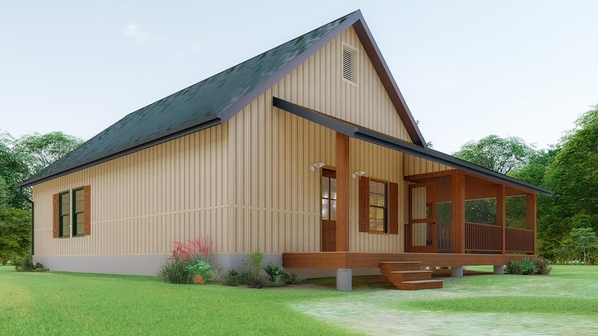 House plan exterior: Single-story home with vertical siding, dark metal roof, and a covered front porch with wood railings and steps.
