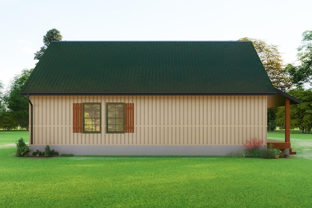 House plan exterior: Cottage style, one story, light siding, green metal roof, two windows with shutters, and a covered porch.
