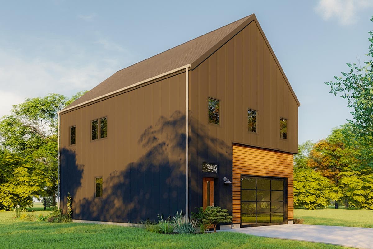 Modern house plan exterior: two stories, metal siding, gabled roof, front-facing garage with wood accents.