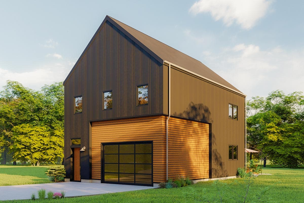 House plan exterior. Two-story, modern-style home with a gable roof, wood-clad garage, and dark siding. Features include multiple windows.