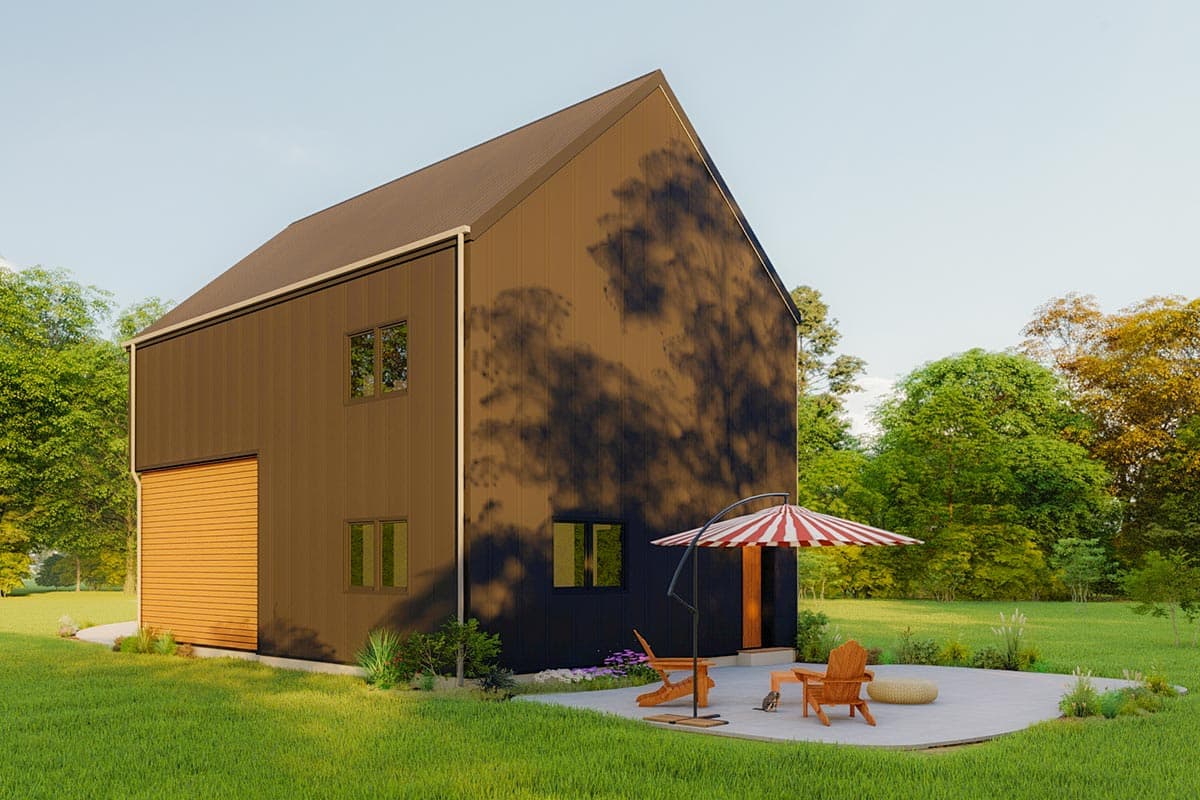 House plan exterior: two-story modern design with dark vertical siding, wood slat garage door, and pitched roof.