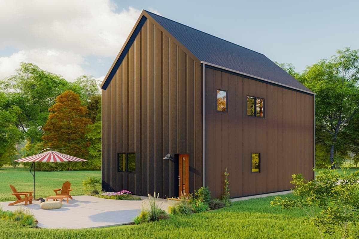 House plan exterior: Modern vertical metal siding, prominent gable roof, minimal windows, and a central entry door.