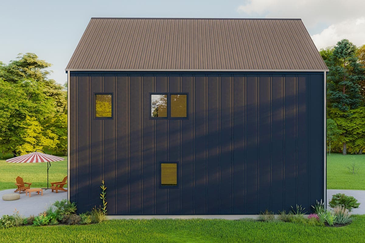 Modern house plan exterior with dark vertical siding, a standing seam metal roof, and small square windows.
