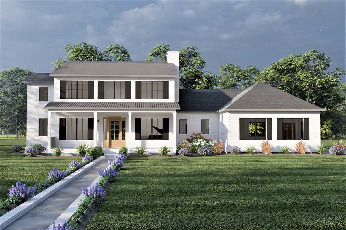 House plan exterior featuring a two-story farmhouse style, front porch, and gable roof. Includes black window shutters and a chimney.