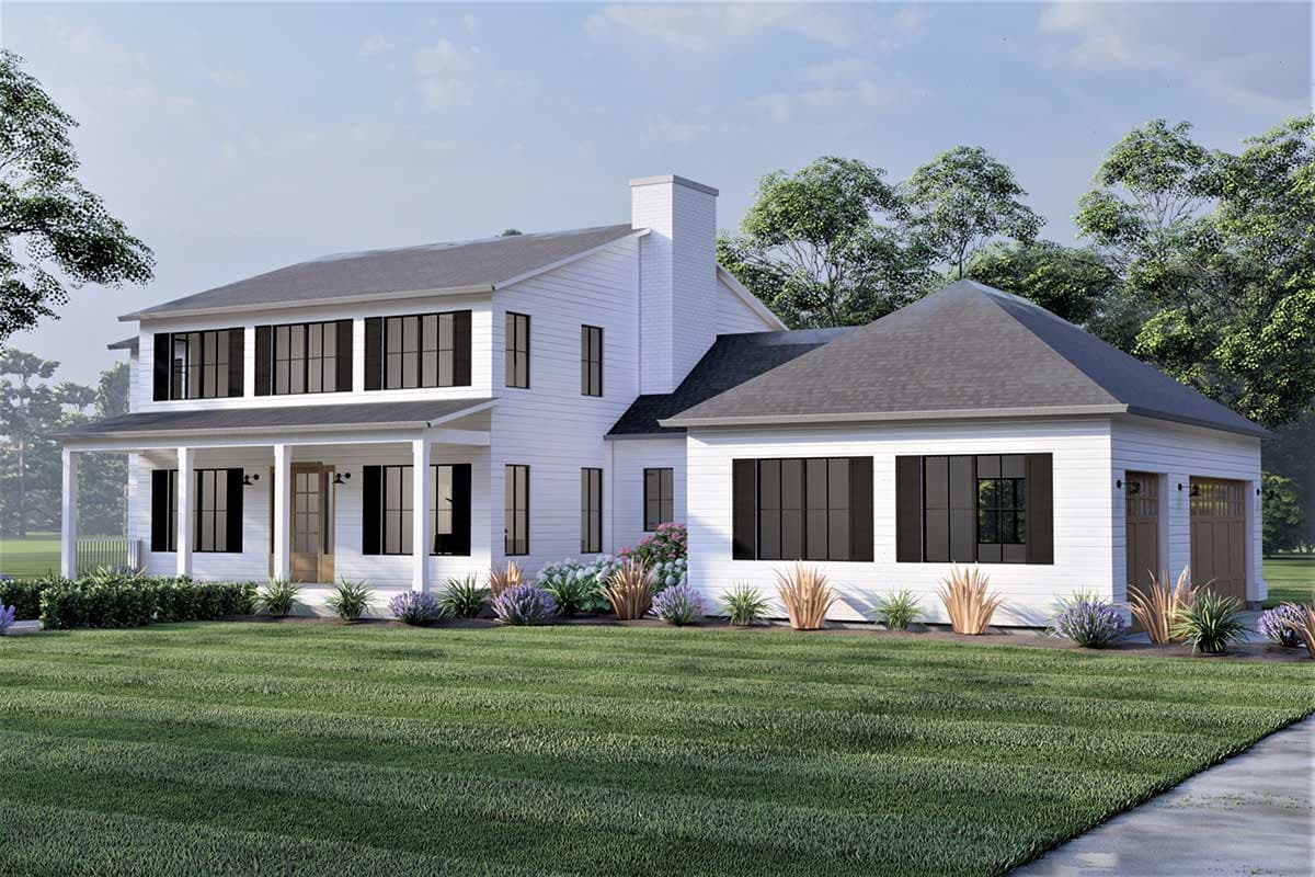 Two-story modern farmhouse exterior with wraparound porch, gables, large chimney, and attached two-car garage.