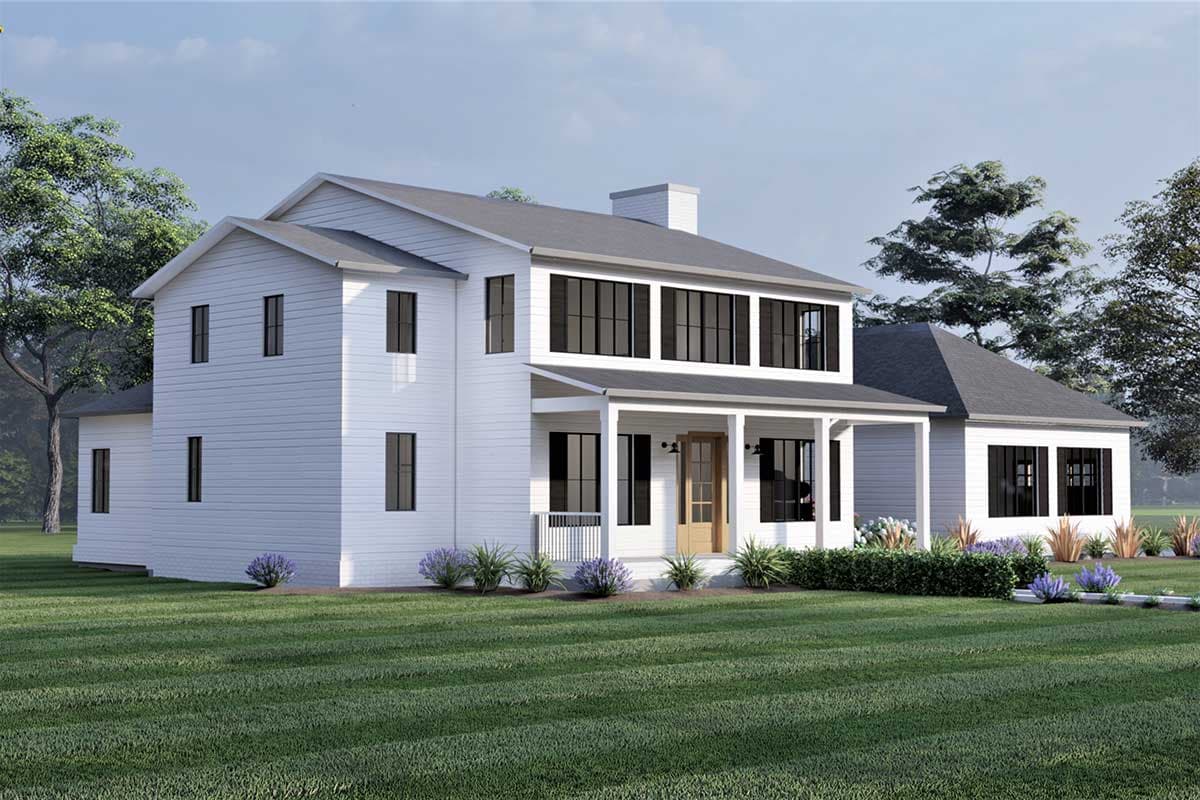 Two-story Modern Farmhouse exterior with a wrap-around porch, gables, and a prominent chimney.