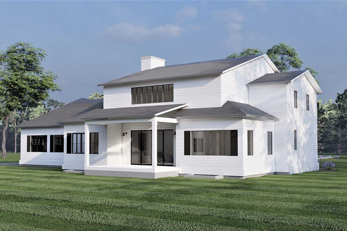 Modern house plan exterior with a covered porch, multiple gables, and a prominent chimney.