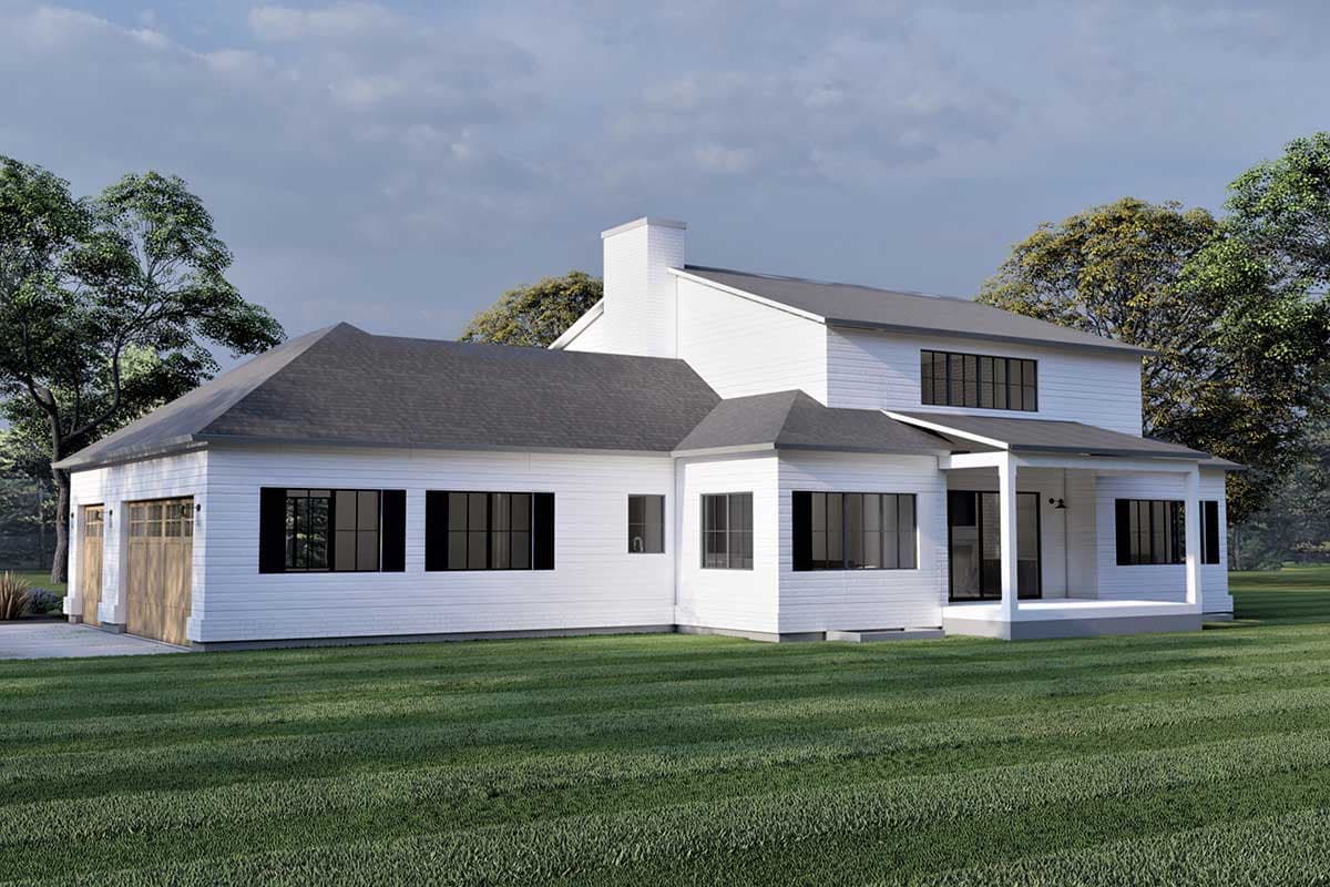 House plan exterior: Modern Farmhouse style, two stories, white siding, multiple gables, covered porch, and attached garage.