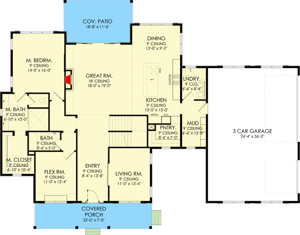 Plan 490016NAH: 3-to-4 Bed House Plan with Flex Room and Main Floor Master Suite - Floor Plan - Main Level - Colonial, Country, Farmhouse, Modern Farmhouse, New American, Traditional, Transitional