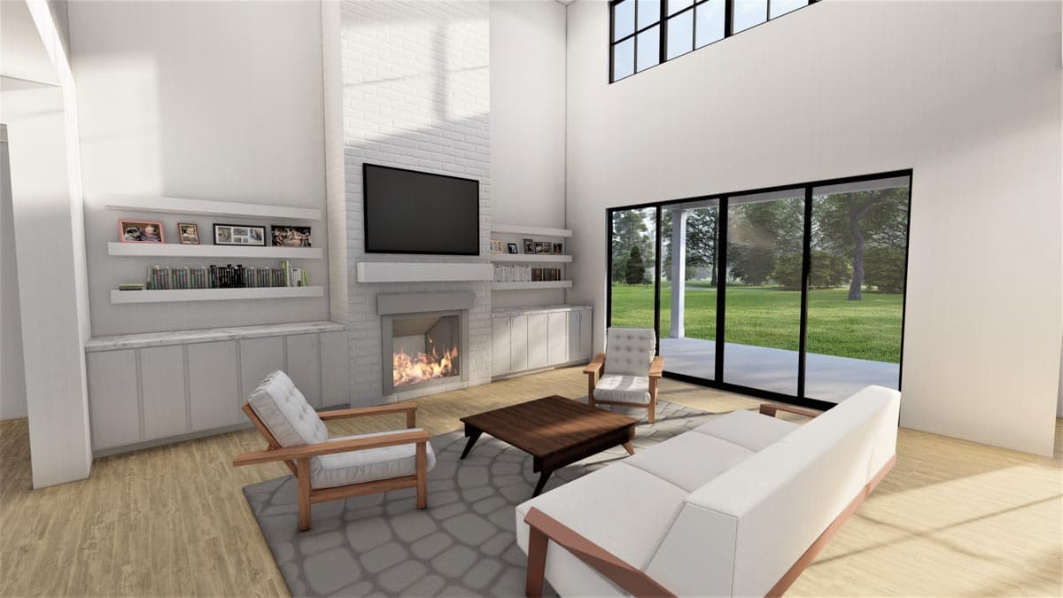 Great room with vaulted ceiling, fireplace, entertainment center, and sliding glass doors to outdoor space.