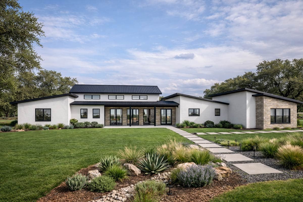 House plan exterior. Modern, one-story home with flat roof, covered entry porch, and stone accents. Large windows and landscaping are featured.