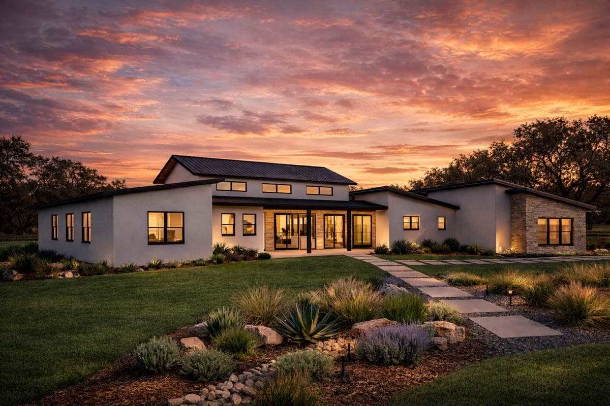 Modern house plan exterior with a stucco finish, metal roof, horizontal window bands, and a central glass-enclosed entry.