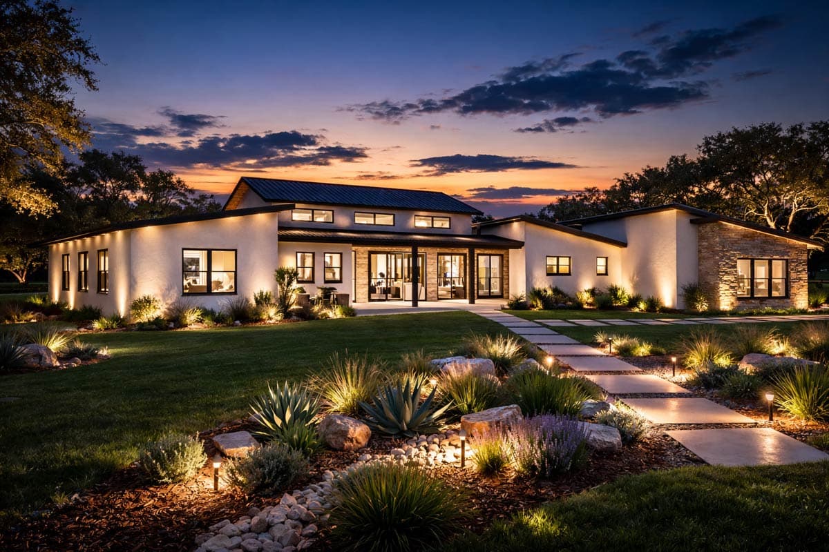 Modern house plan exterior with stucco, stone accents, metal roof, and expansive windows. Covered patio connects wings.