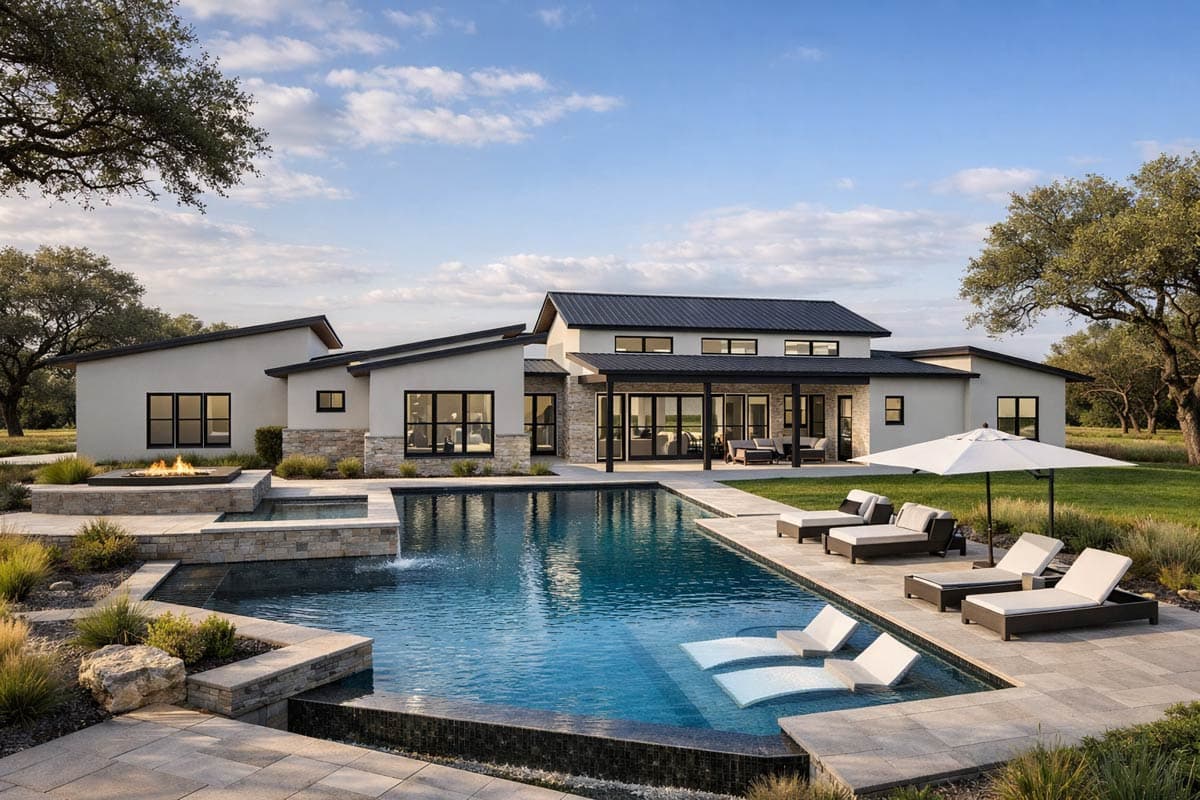 Modern house plan exterior with metal roof, large windows, stone accents, and a backyard pool.