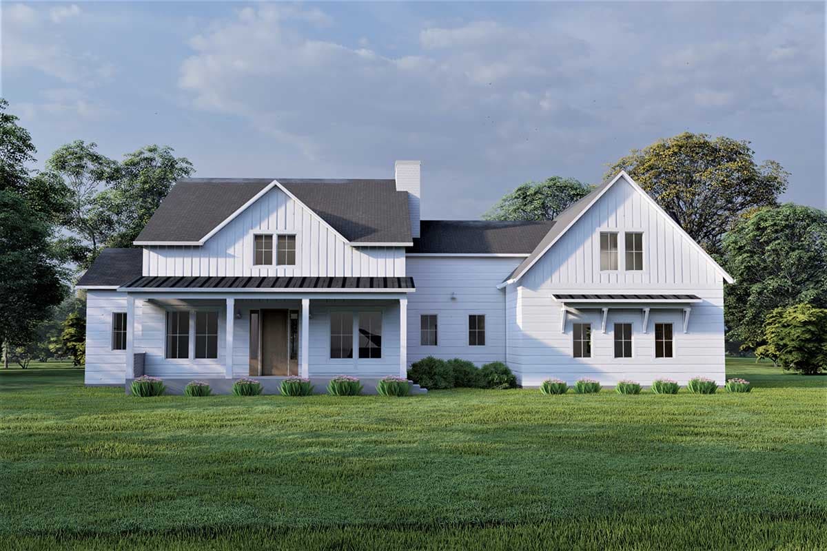 House plan exterior. Two-story Modern Farmhouse with a gabled roof, covered porch, and board-and-batten siding. Features a shed dormer.