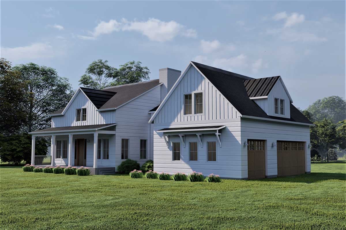 Modern Farmhouse house plan exterior with covered porch, gables, dormers, and two-car garage.