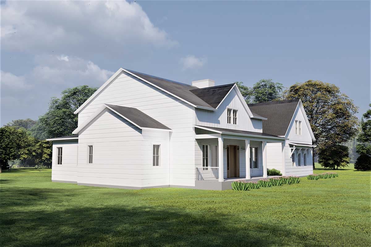 Modern Farmhouse house plan exterior with a covered front porch, multiple gables, and board-and-batten siding.