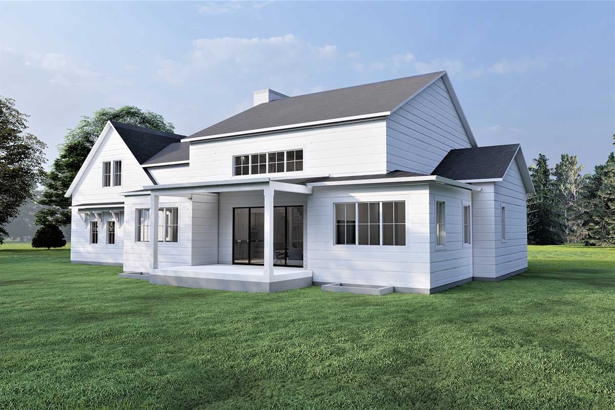 House plan exterior of a two-story Modern Farmhouse with gabled roofs, a covered porch, and numerous windows.