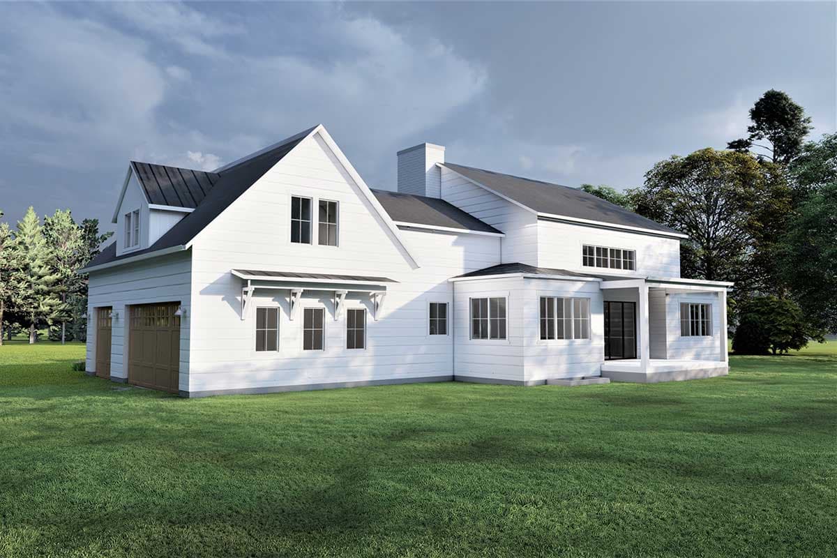 House plan exterior: Two-story Modern Farmhouse with a metal roof, attached garage, dormer, and gabled entrance.
