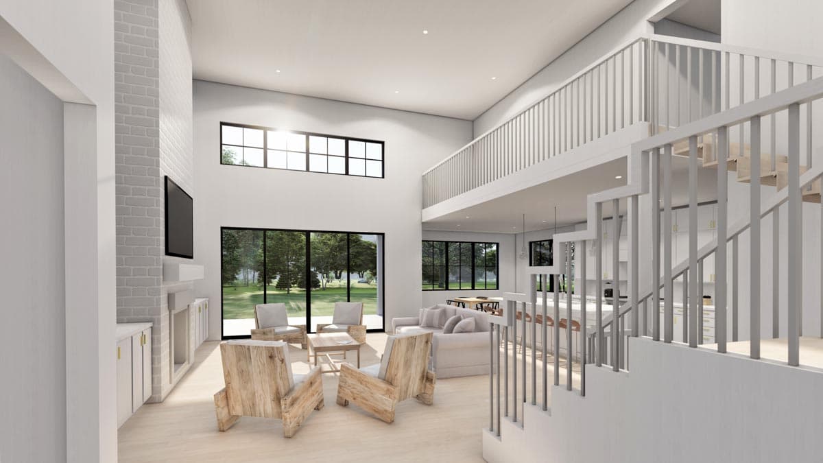 Interior rendering of open-concept living area with double-height ceiling, large windows, fireplace, and loft.