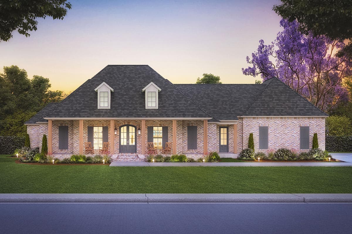 House plan exterior with brick facade, front porch with columns, two dormers, and a gabled roofline.