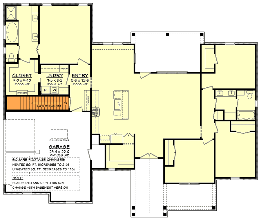Plan 51905HZ: New American Farmhouse with Flex Bedroom or Home Office and Oversized 2-Car Garage - Floor Plan - Main Floor - Basement Version - Craftsman, Farmhouse, New American