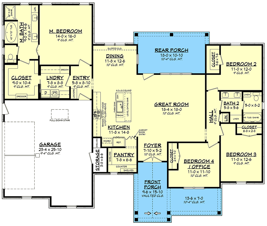 Plan 51905HZ: New American Farmhouse with Flex Bedroom or Home Office and Oversized 2-Car Garage - Floor Plan - Main Level - Craftsman, Farmhouse, New American