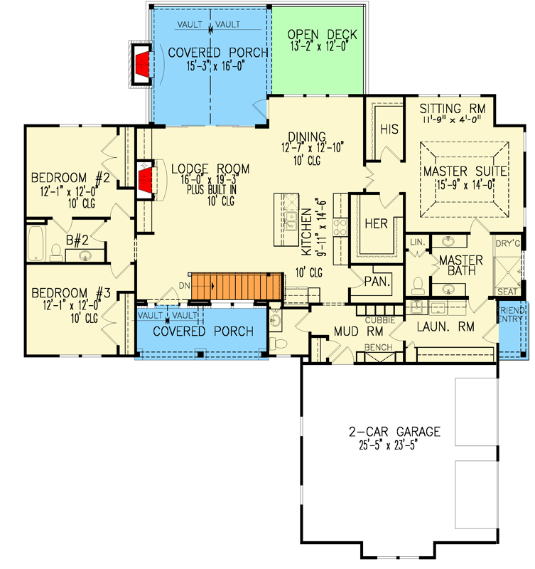 Plan 25764GE: 3-Bedroom New American Home Plan with Vaulted Rear Covered Porch - 2064 Sq Ft - Floor Plan - Main Level - Country, Craftsman, New American, Ranch, Rustic