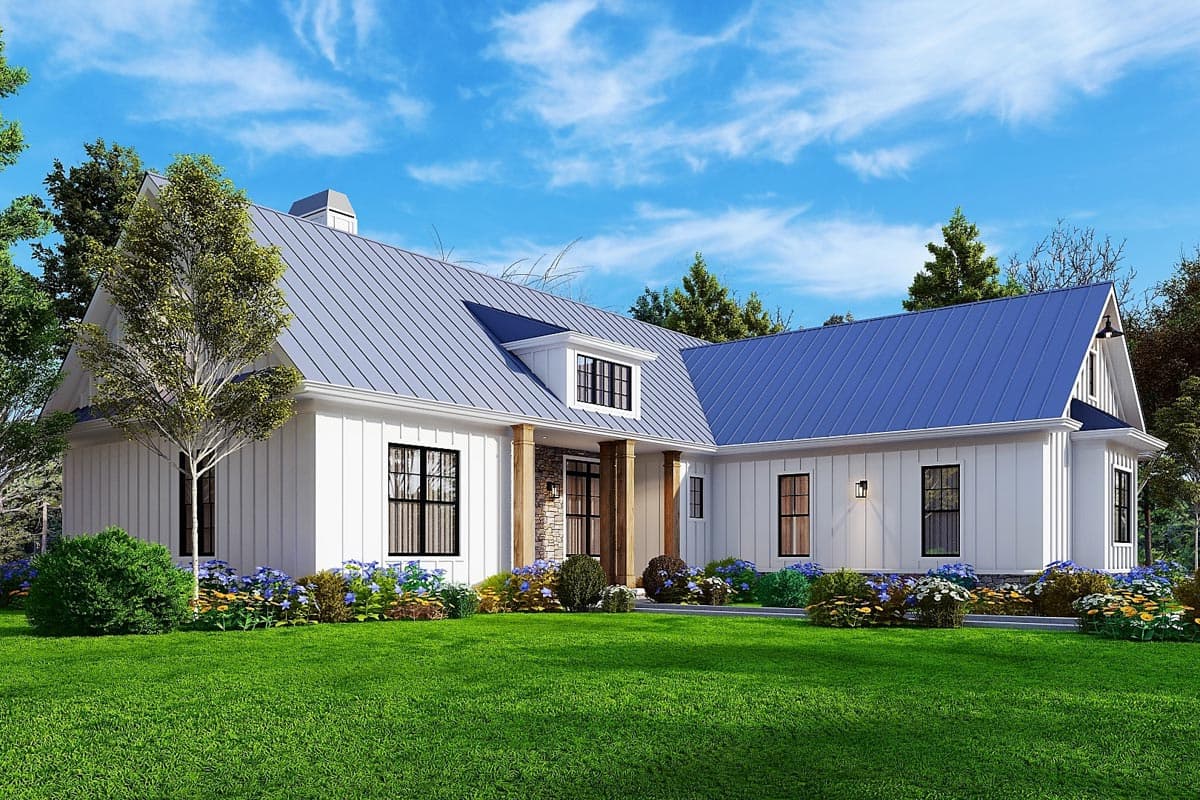 Modern farmhouse house plan exterior with white board and batten siding, metal roof, dormer, and stone accent entry.