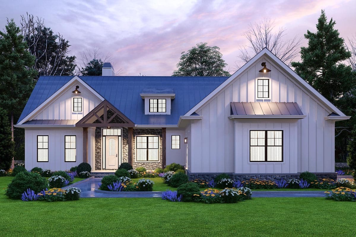 Modern Farmhouse house plan exterior with white board-and-batten siding, metal roof, stone accents, and prominent gables.