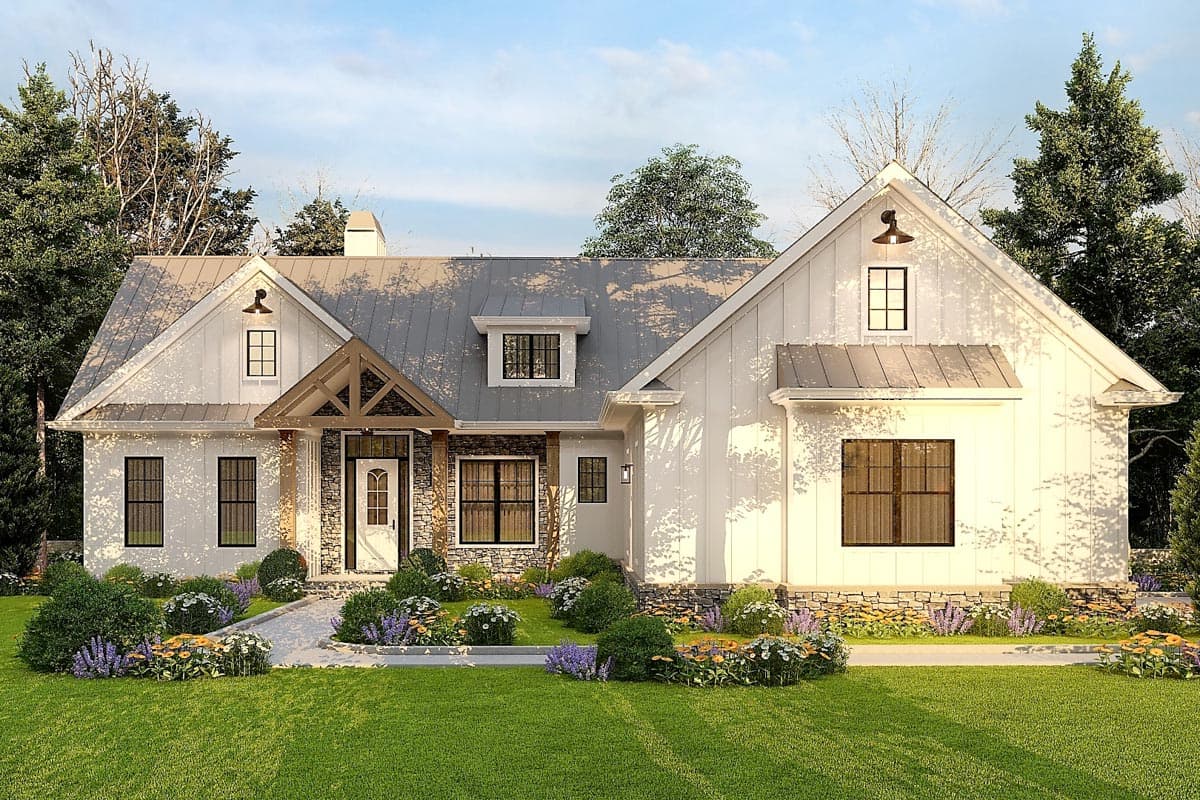 Modern Farmhouse house plan exterior with metal roof, board-and-batten siding, stone accents, gables, and covered entry.
