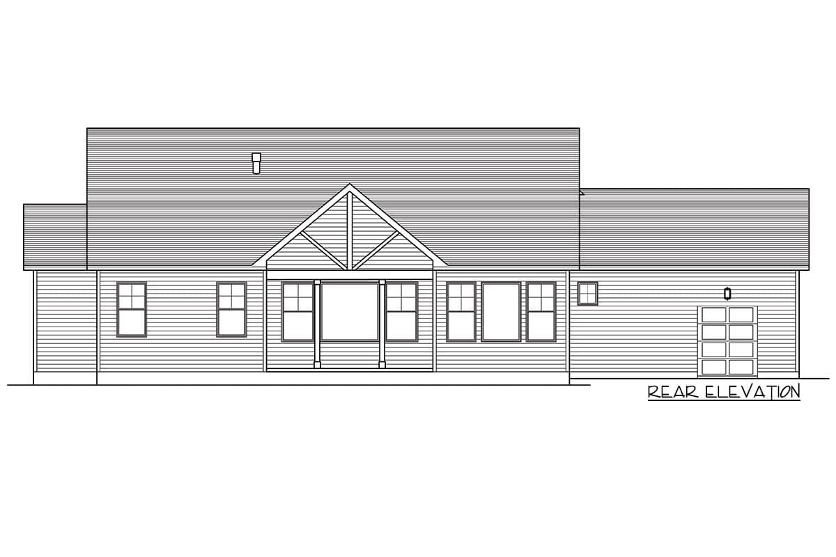 Rear elevation drawing of a house plan featuring a gable roof, multiple windows, and an attached garage.
