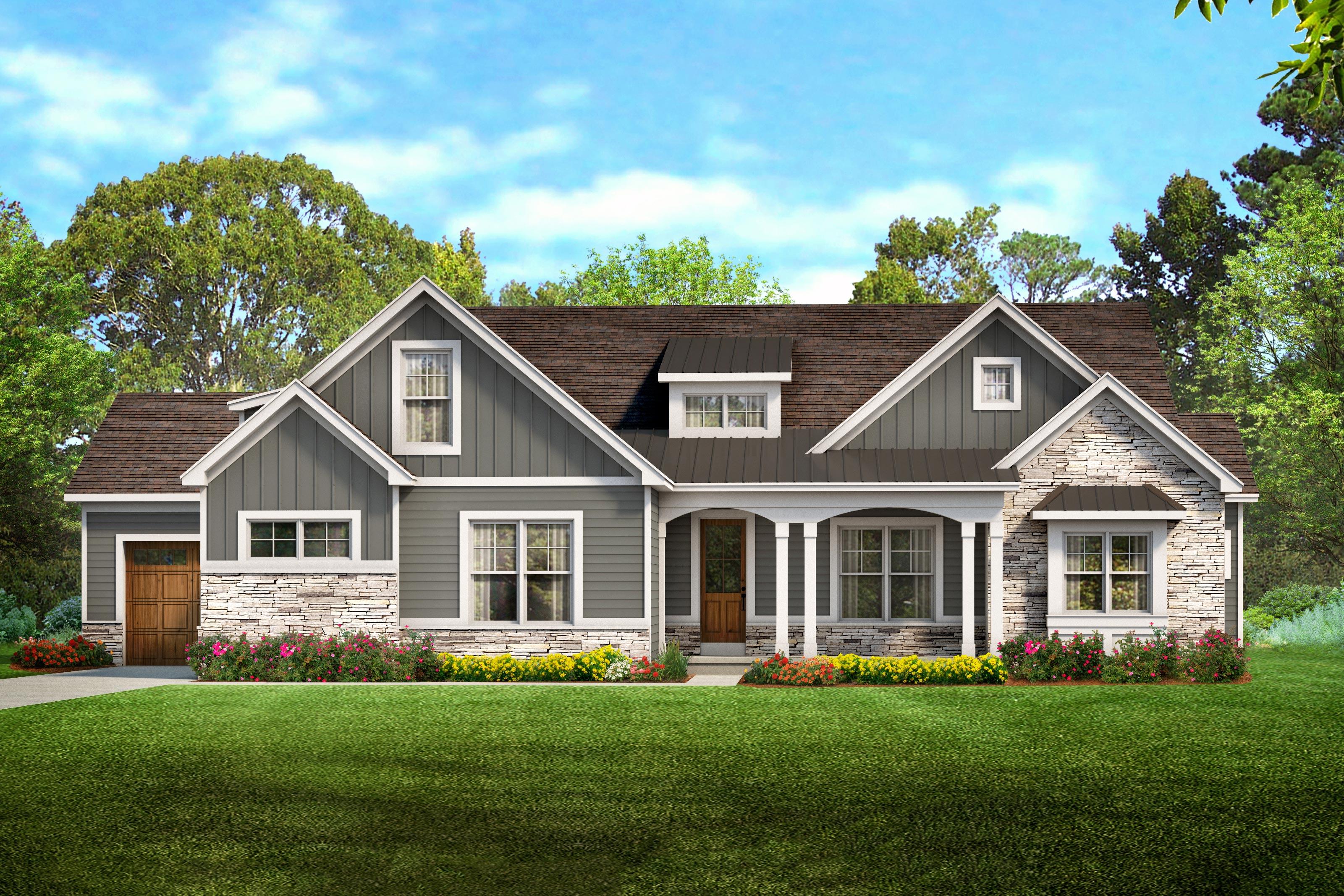 House plan exterior. Craftsman style with a single story, gabled roof, stone accents, and a front porch with columns.