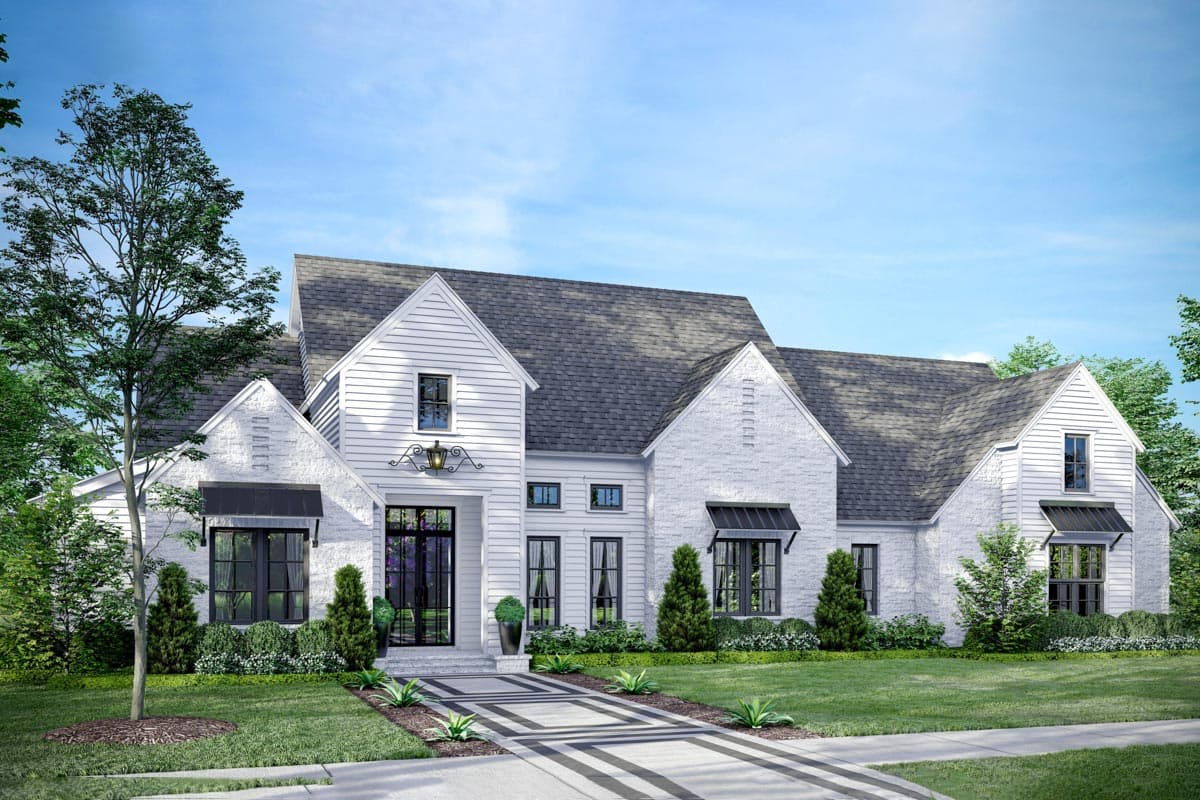 House plan exterior: Modern Farmhouse style, two stories, white brick and siding, prominent gables, dark awnings over windows.