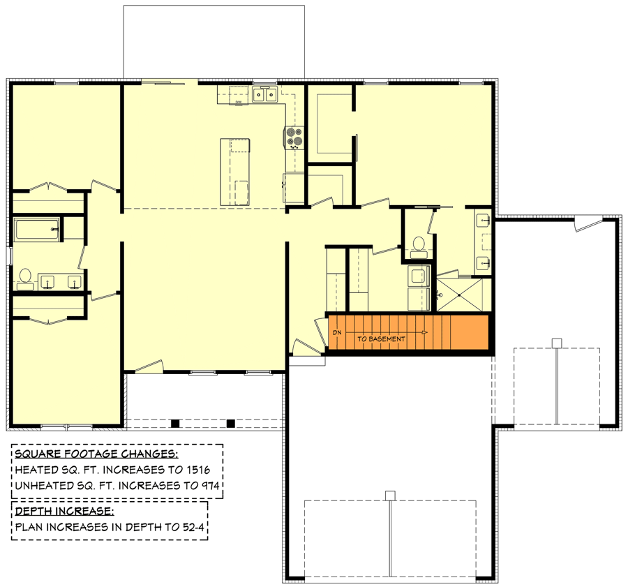 Plan 51906HZ: Modern Rustic Ranch Home Plan Just Under 1500 Square Feet - Floor Plan - Main Level - Basement Stair Location - Country, Craftsman, New American, Ranch, Rustic