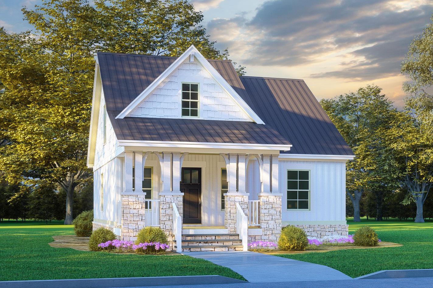 House plan exterior featuring a Craftsman style, one and a half stories, front porch with columns, a gable roof, and stone accents.